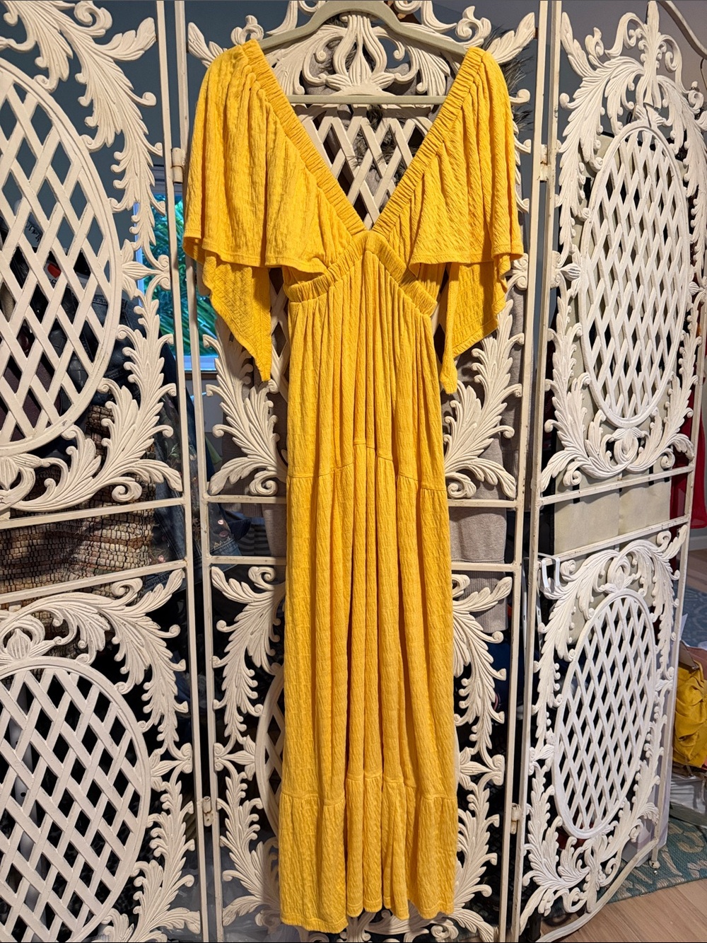 Free People Yellow V-Neck Flutter Sleeve Maxi Dress